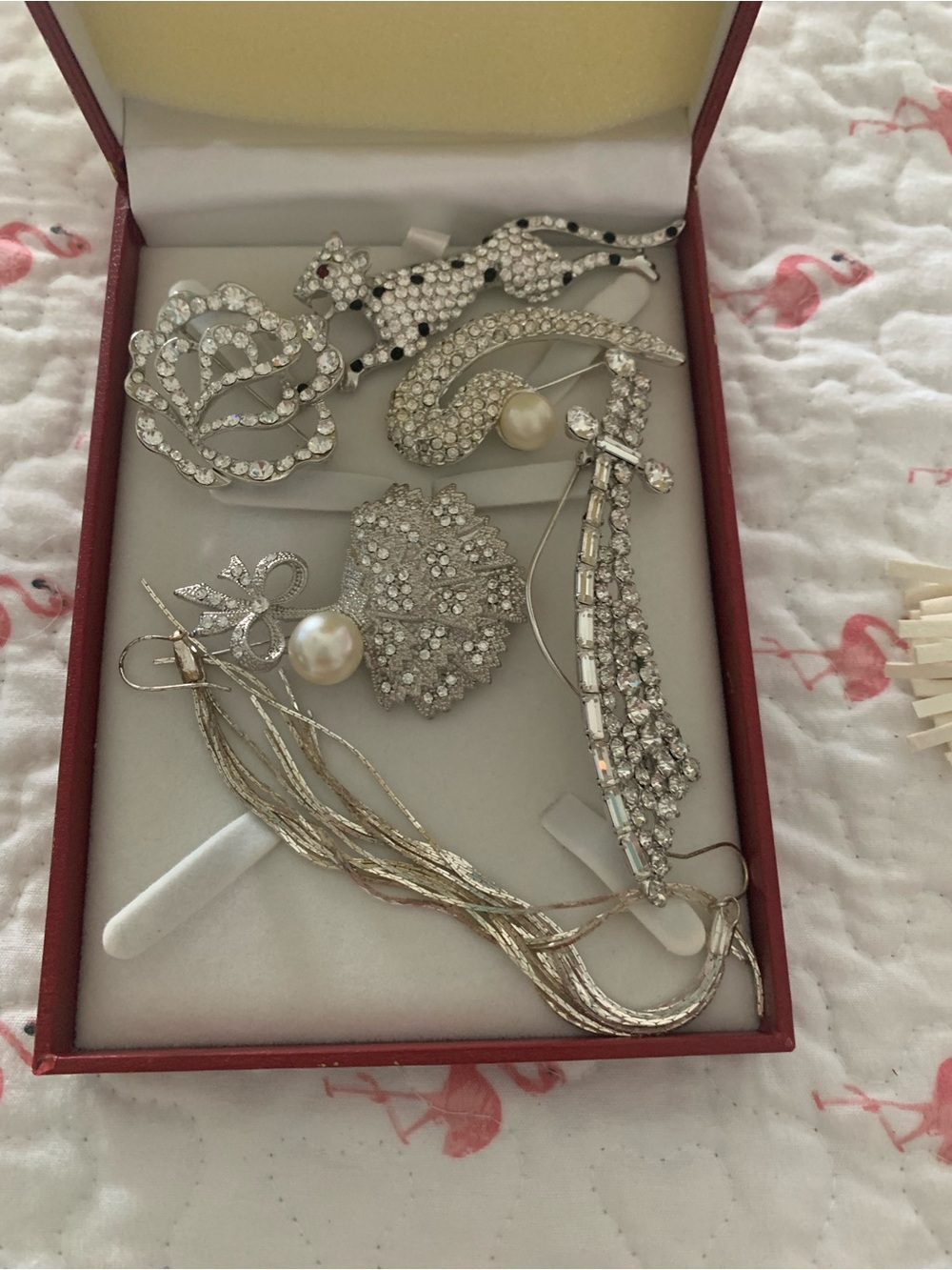 Crystal and Pearl Women's Brooch Set - Silver Tone